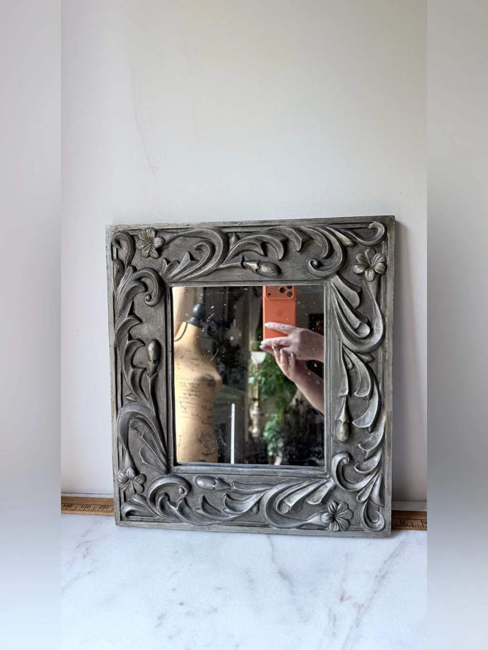 Decorative Floral Carved Square Wall Mirror - silver Gray